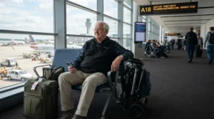 Waiting at the boarding gate with a folding travel mobility scooter for airline travel ready to stow.