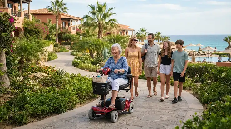 Enjoying a family vacation using a folding travel mobility scooter for airline travel at a resort.