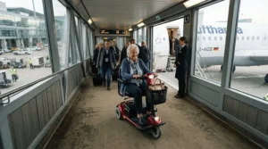 Riding down the jetbridge on a folding travel mobility scooter for airline travel.