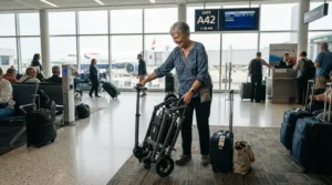 Demonstrating the dimensions of a folding travel mobility scooter for airline travel compatibility.