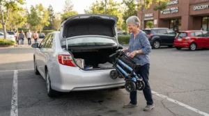 Loading a folding travel mobility scooter for airline travel into the trunk of a rental car.