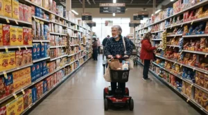 A shopper using a heavy-duty mobility scooter in the wide aisle of a local supermarket.