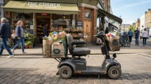 A heavy-duty mobility scooter outfitted with rear storage baskets carrying grocery bags.