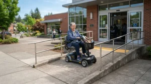 A user riding a heavy-duty mobility scooter up an accessible outdoor building ramp.