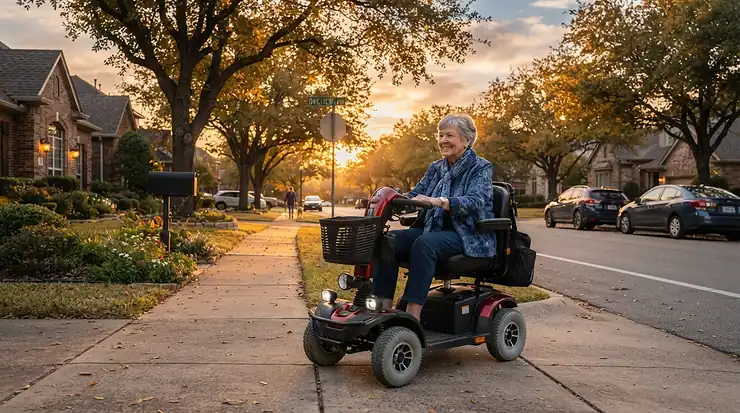 An individual riding a heavy-duty mobility scooter during a golden hour sunset in a residential area.