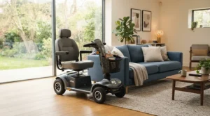 A rugged heavy-duty power wheelchair parked inside a modern living room