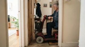A compact indoor 3-wheel mobility scooter for tight spaces passing smoothly through a standard apartment door.