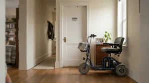 An indoor 3-wheel mobility scooter for tight spaces parked outside a small apartment bathroom.