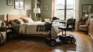An indoor 3-wheel mobility scooter for tight spaces parked neatly next to a bed in a small bedroom.