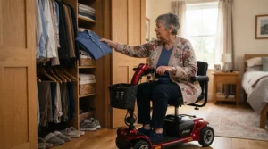 An indoor 3-wheel mobility scooter for tight spaces used by a senior reaching for a closet shelf.