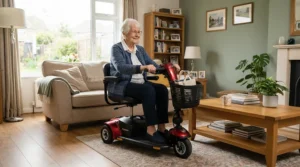 An indoor 3-wheel mobility scooter for tight spaces maneuvering around a coffee table in a modern apartment.