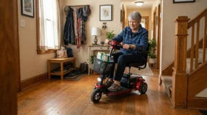 Demonstrating the tight turning radius of an indoor 3-wheel mobility scooter for tight spaces in a foyer.