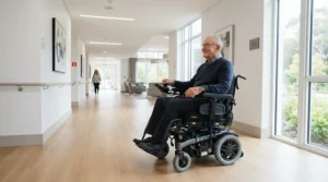 A senior citizen turning smoothly in a narrow hallway using a compact power wheelchair for seniors with limited mobility.