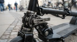 Close-up of lightweight frame materials on a portable mobility scooter during assembly.
