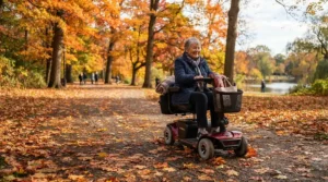 An older adult riding a long-range mobility scooter for 30 mile range through colorful fall foliage.
