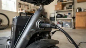 A close-up view of the power plug connected to a long-range mobility scooter for 30 mile range in a garage.