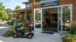 Visitors parking a long-range mobility scooter for 30 mile range outside a local community center entrance.