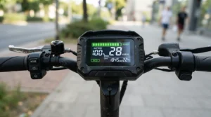 The battery level indicator gauge on the control panel of a long-range mobility scooter for 30 mile range.