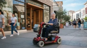 A shopper using a long-range mobility scooter for 30 mile range outside a downtown storefront.