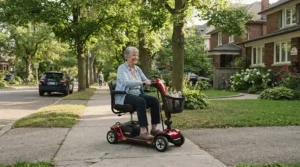 A senior navigating a long-range mobility scooter for 30 mile range down a quiet American neighborhood sidewalk.