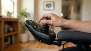 Close-up of joystick controls on a medicare approved power wheelchair showing ergonomic design