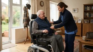 Caregiver assisting a senior man who uses medicare approved power wheelchairs for daily independence