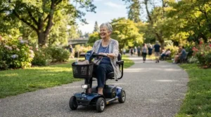 An elderly woman smiling while operating her medicare approved power wheelchair outdoors on a paved pathway