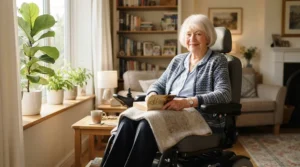 A senior adult relaxing comfortably in a medicare approved power wheelchair inside a modern living room