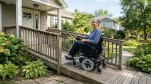 A smiling senior descending a wheelchair ramp in a medicare approved power wheelchair outside a suburban home