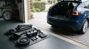 Arrangement of lightweight pieces of a mobility scooter for car trunk storage displayed next to an open SUV hatch.