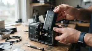 Close-up view of lifting a lightweight battery pack for a mobility scooter for car trunk storage.