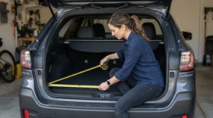 Person using a tape measure to check clearance before loading a mobility scooter for car trunk storage.