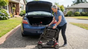 Caregiver lifting a dismantled mobility scooter for car trunk storage into a modern sedan parked on a sunny suburban street.