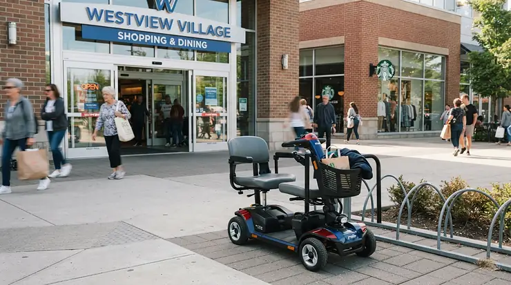 A fully assembled mobility scooter for car trunk storage parked outside a grocery store in a large parking lot.
