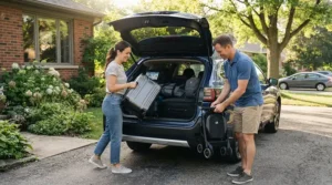 Family helping pack a mobility scooter for car trunk storage before departing on a road trip from a home driveway.