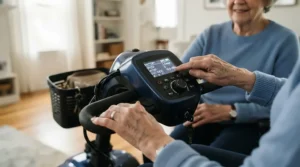 A close-up of joystick and tiller controls in a mobility scooter vs power wheelchair comparison.