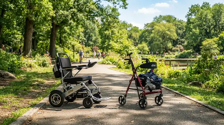 A mobility scooter vs power wheelchair side-by-side evaluation on a sunny paved park path to help users choose.