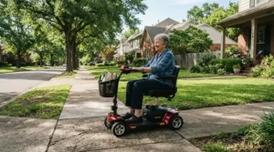 Demonstrating sidewalk maneuverability in a mobility scooter vs power wheelchair selection guide.
