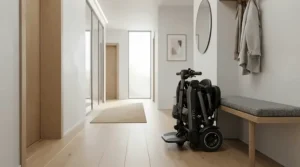 A portable mobility scooter folded and neatly stored in a corner of a small apartment.