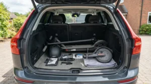 A portable mobility scooter easily stored inside a compact car trunk for travel.