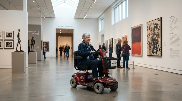 A visitor using a portable mobility scooter to tour a spacious indoor museum gallery.