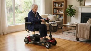 A senior adult using a cost-effective portable mobility scooter inside a comfortable family living room.