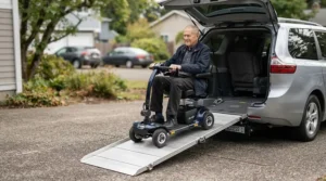 Loading safely into an accessible vehicle using a ramp with a power wheelchair for MS patients.