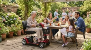 A power wheelchair for MS patients parked comfortably at an outdoor family gathering on a suburban backyard patio.
