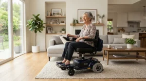 A smiling woman using a modern power wheelchair for MS patients as she navigates her spacious living room with ease.
