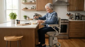 A senior adult using a power wheelchair for seniors with limited mobility to easily reach the kitchen counter.