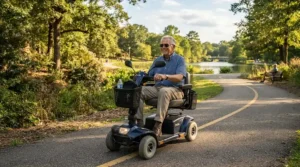 An older man enjoying a sunny afternoon ride in a power wheelchair for seniors with limited mobility on a paved park trail.