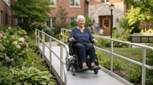 A smiling senior person smoothly ascending an outdoor ramp using a power wheelchair for seniors with limited mobility.