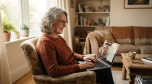Senior adult reviewing various electric wheelchair manufacturers on a laptop at home