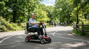 An individual driving an advanced electric wheelchair outdoors on a paved park pathway
